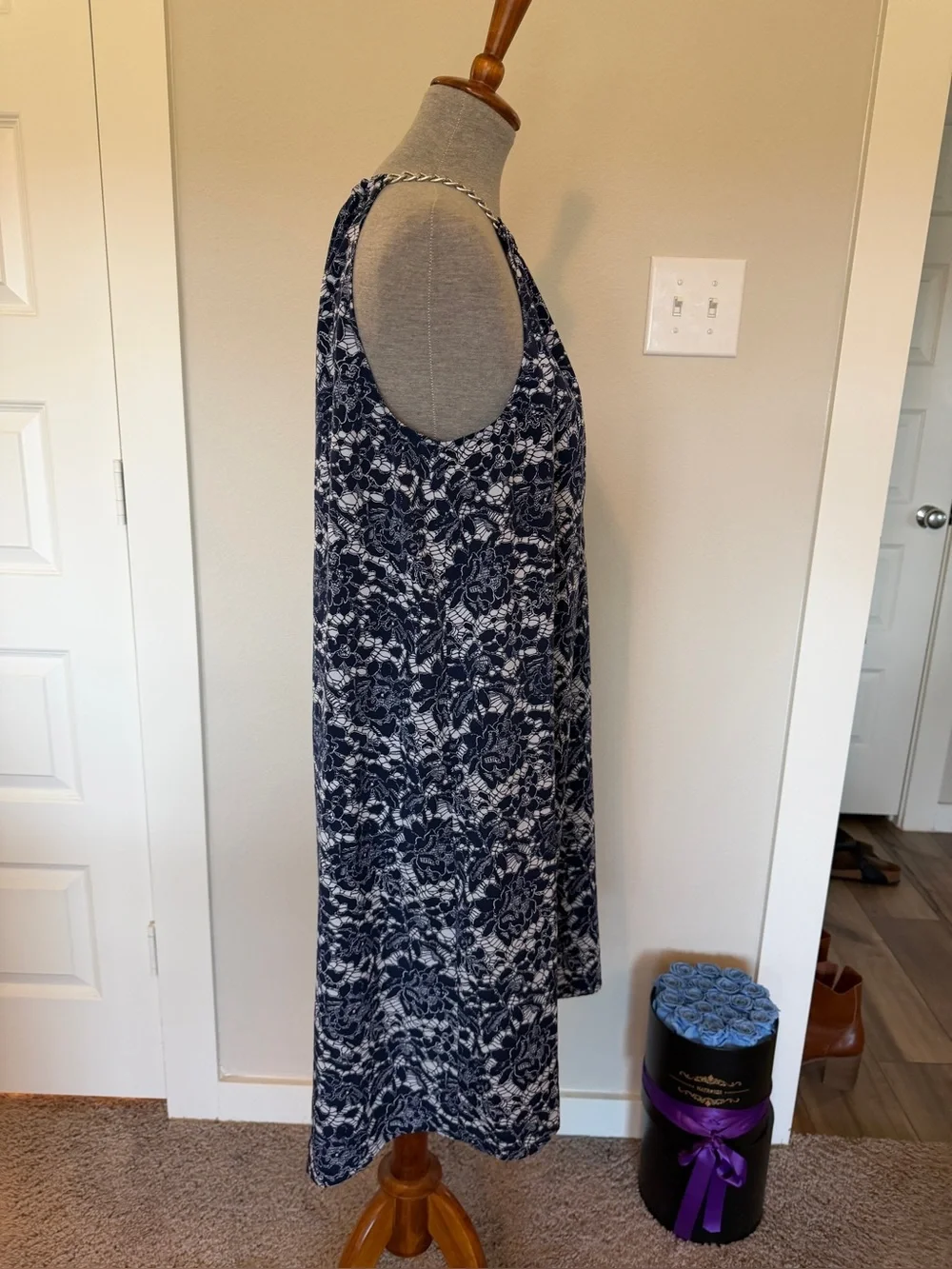 Michael Kors Navy and White Floral Halter Midi Dress with Chain Trim